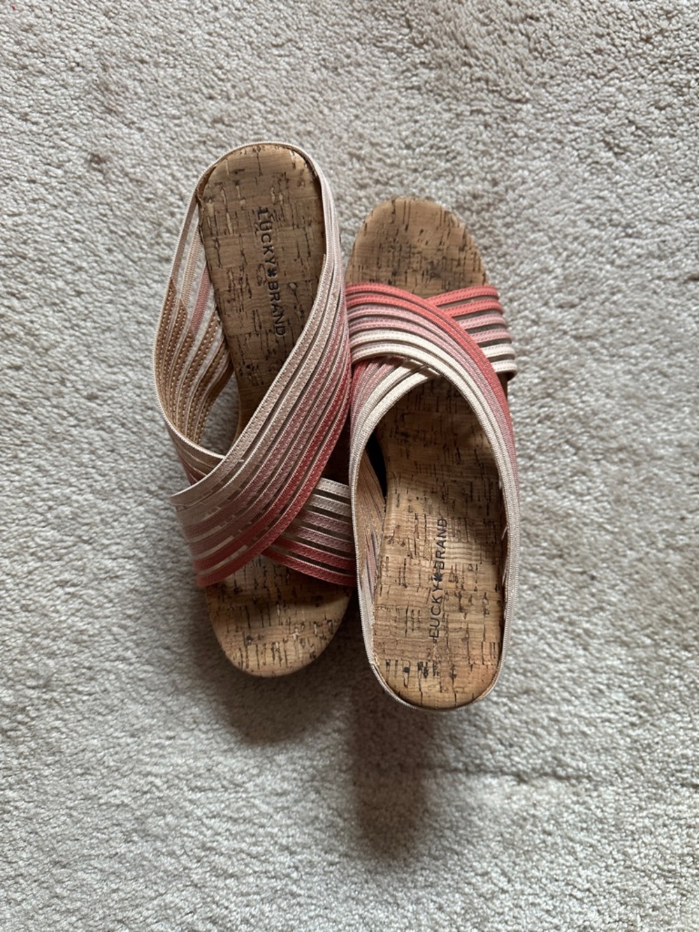Lucky Brand Coral and Cream Striped Cork Slide Mules